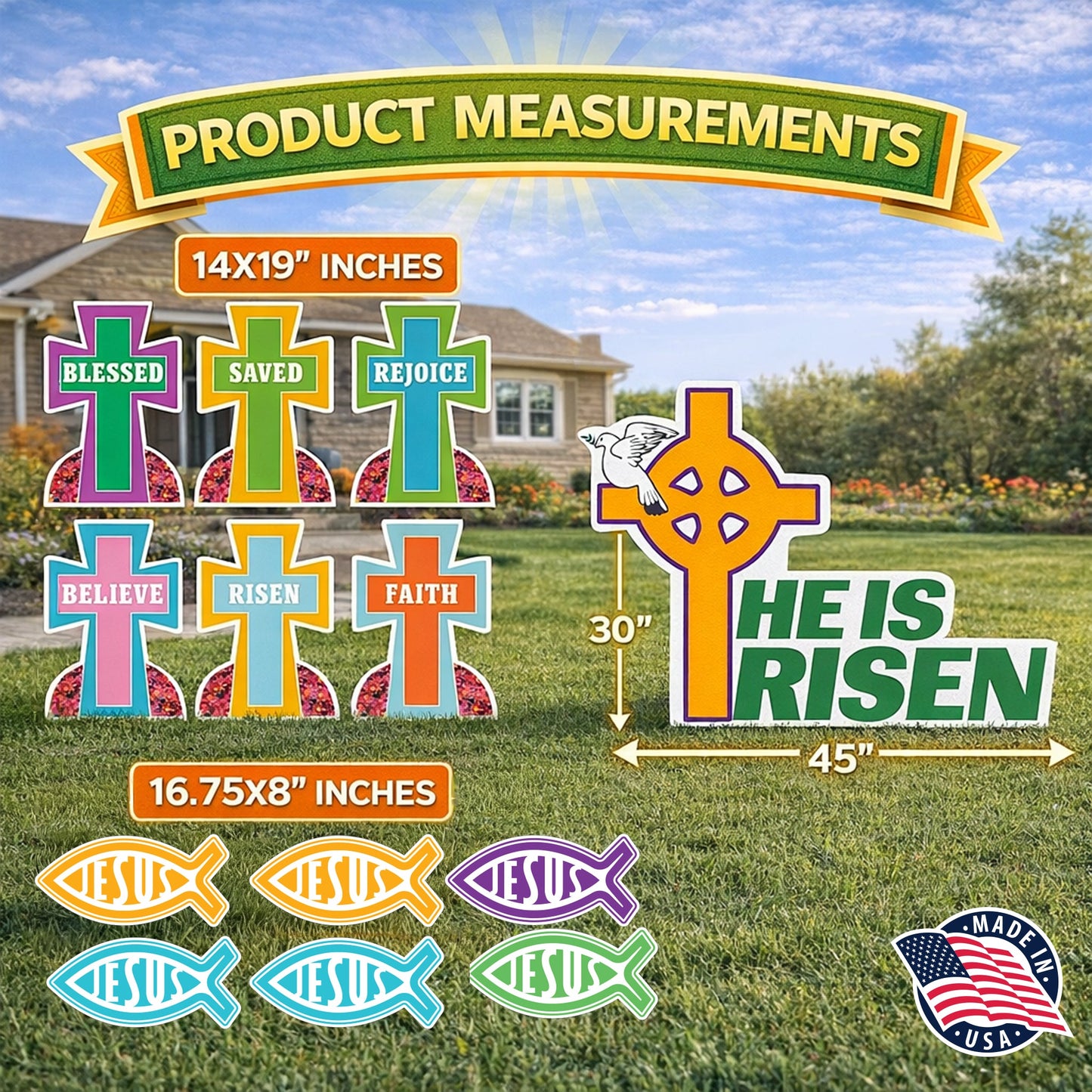 Easter Yard Sign Set – “He Is Risen” Religious Lawn Display (13 - Piece Set with Stakes)