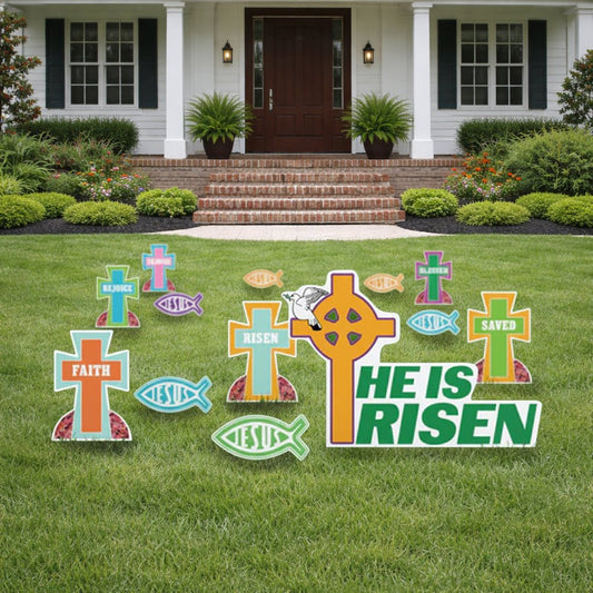 Easter Yard Sign Set – “He Is Risen” Religious Lawn Display (13 - Piece Set with Stakes)