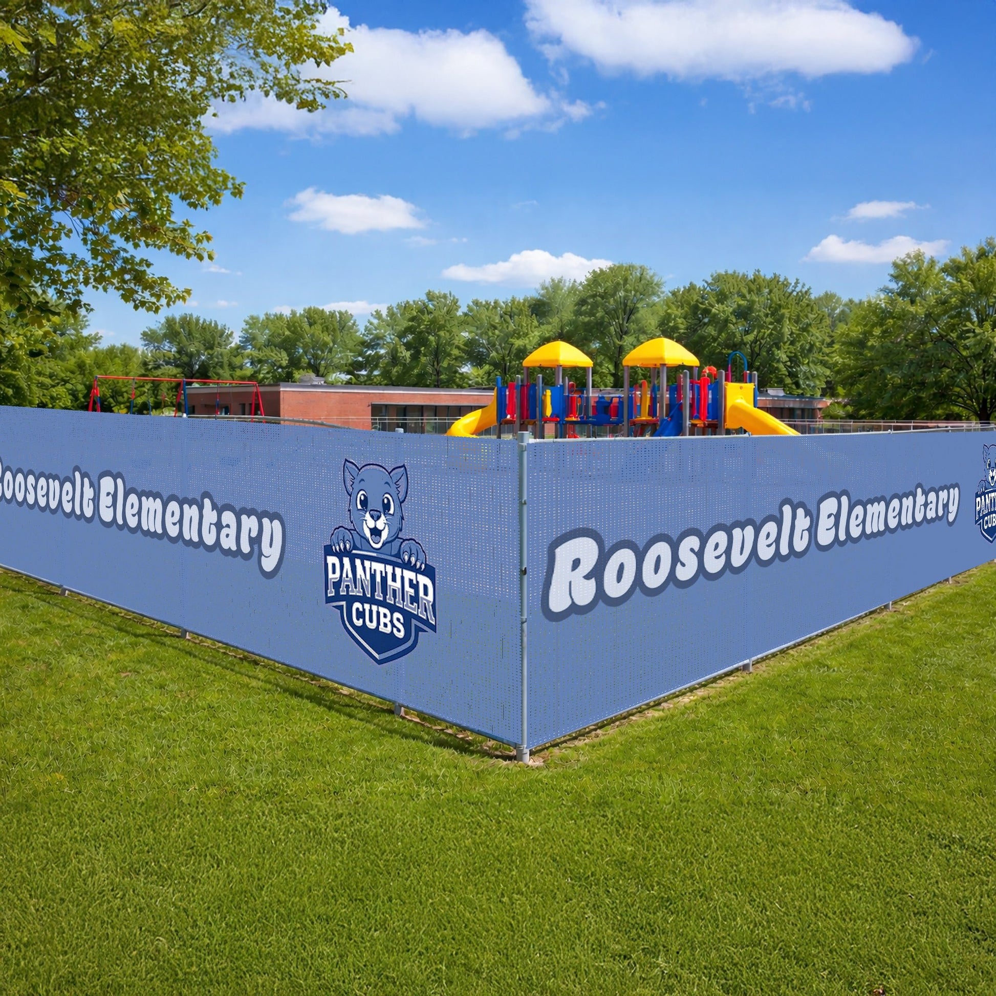 Elementary School Mesh Fence Privacy & Branding Banners | Custom Playground Windscreen Panels for Safety, Privacy, and School Identity