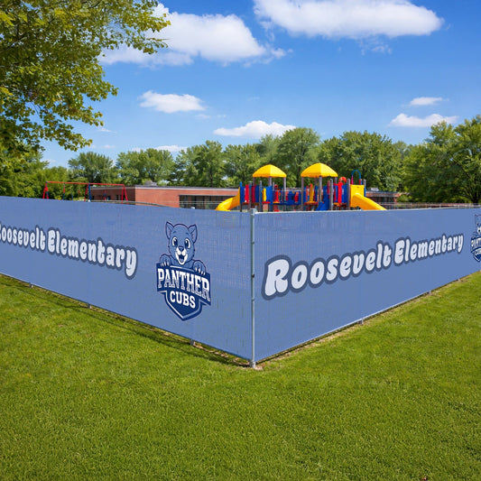 Elementary School Mesh Fence Privacy & Branding Banners | Custom Playground Windscreen Panels for Safety, Privacy, and School Identity