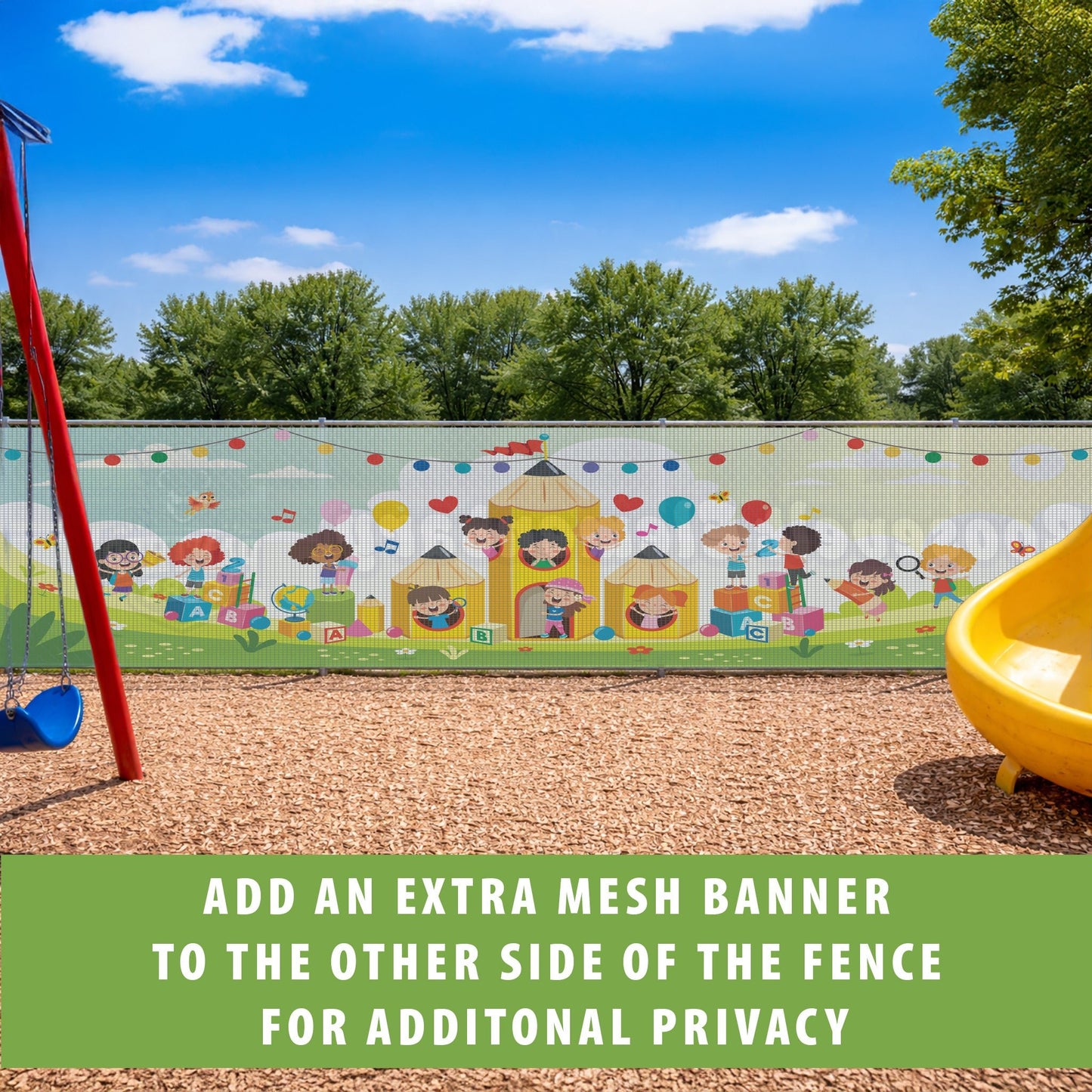 Elementary School Mesh Fence Privacy & Branding Banners | Custom Playground Windscreen Panels for Safety, Privacy, and School Identity