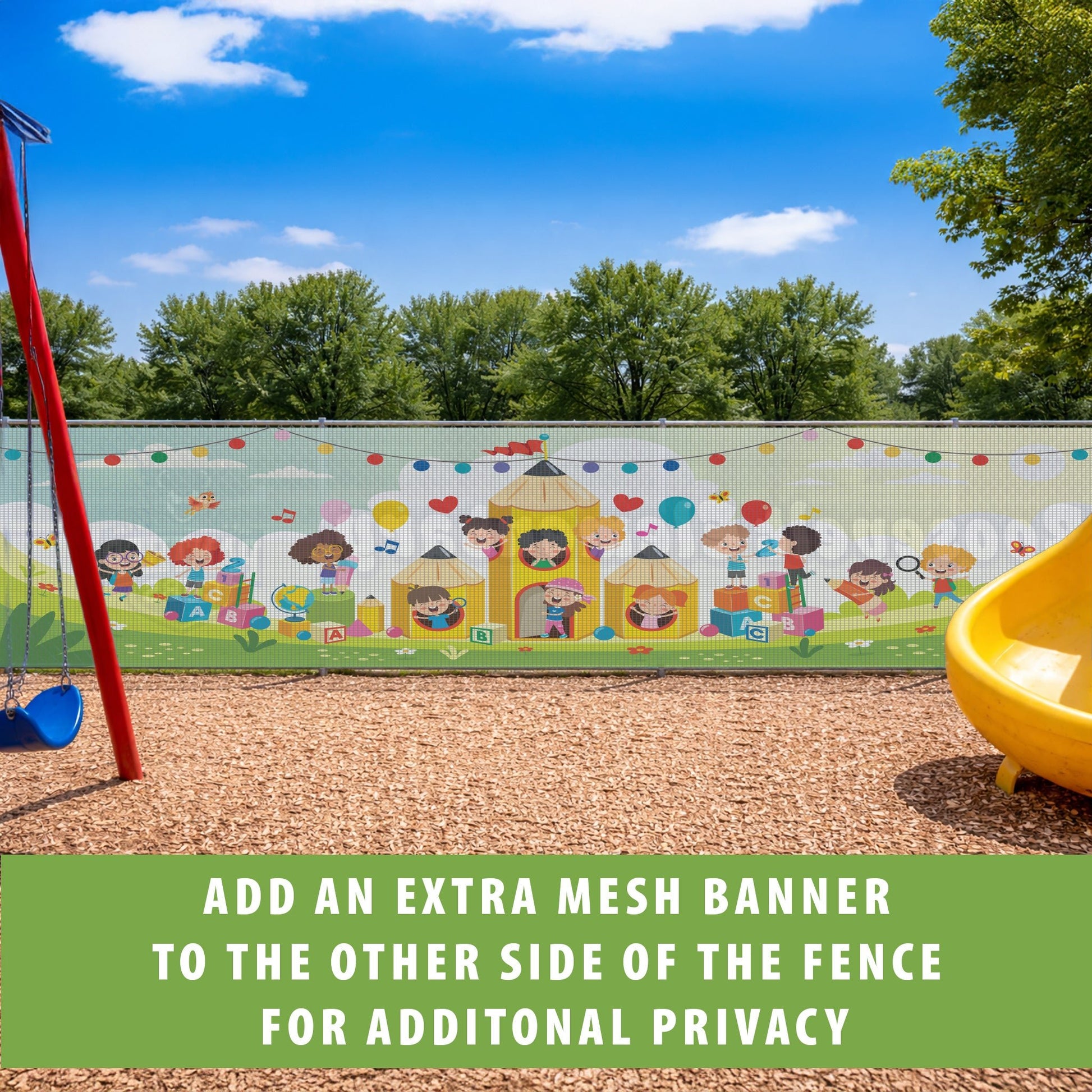 Elementary School Mesh Fence Privacy & Branding Banners | Custom Playground Windscreen Panels for Safety, Privacy, and School Identity