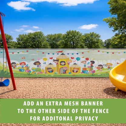 Elementary School Mesh Fence Privacy & Branding Banners | Custom Playground Windscreen Panels for Safety, Privacy, and School Identity