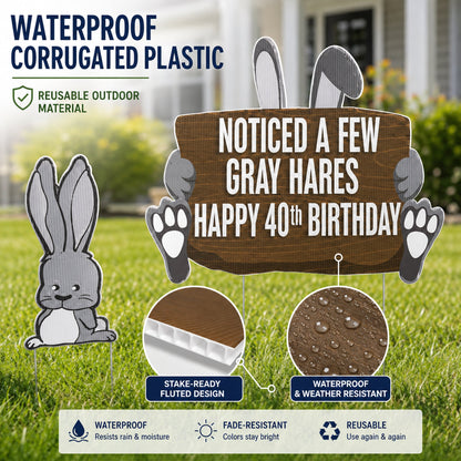 Funny 40th Birthday Gray Hares Yard Sign Set with Stakes | 9 Piece Outdoor Lawn Decor