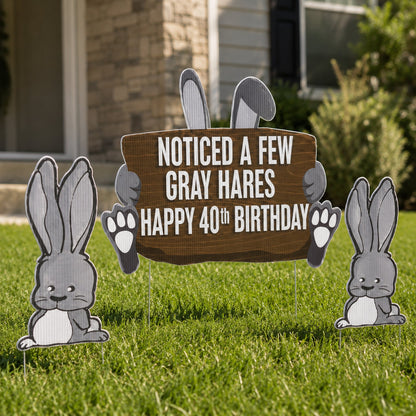 Funny 40th Birthday Gray Hares Yard Sign Set with Stakes | 9 Piece Outdoor Lawn Decor