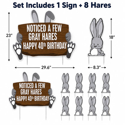 Funny 40th Birthday Gray Hares Yard Sign Set with Stakes | 9 Piece Outdoor Lawn Decor