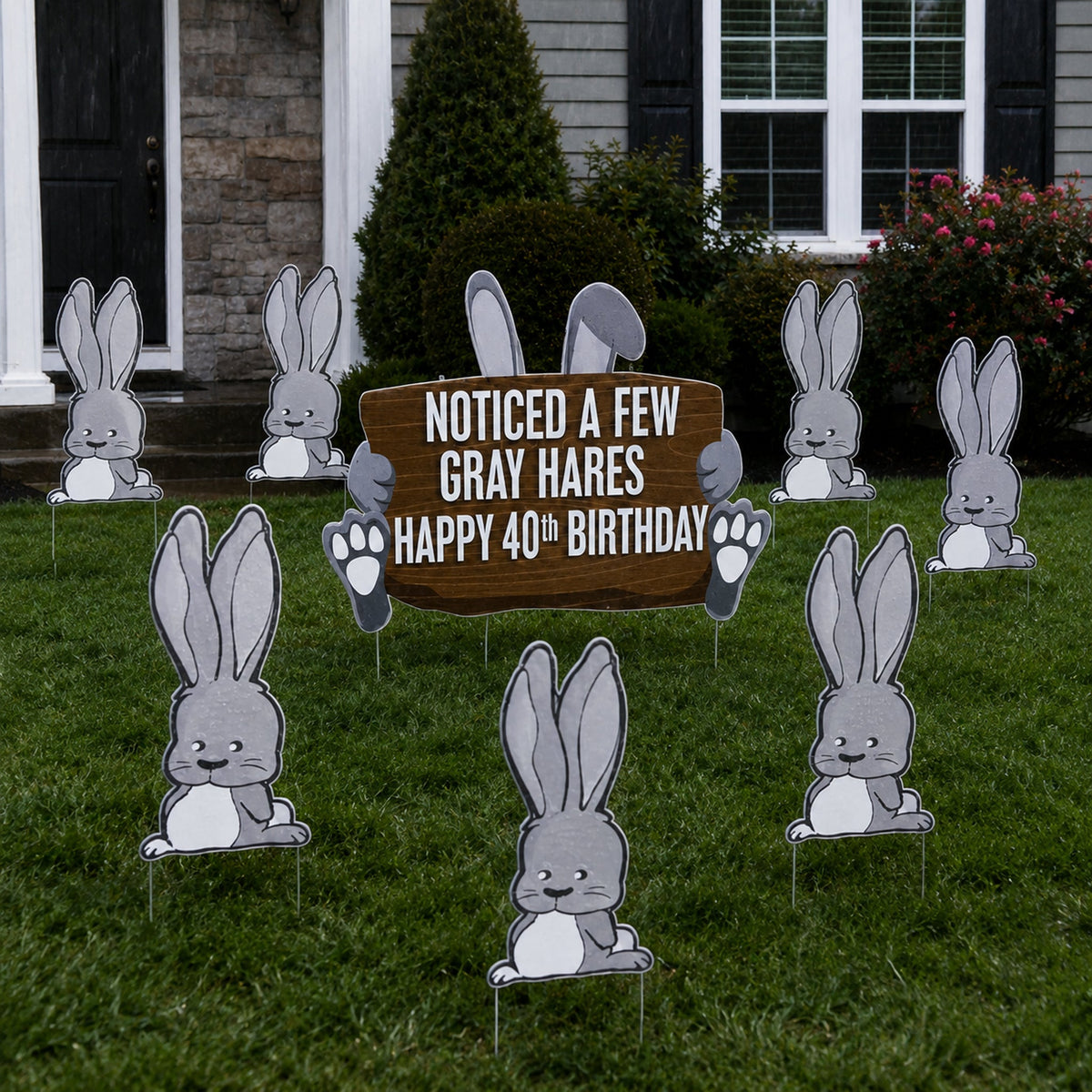 Funny 40th Birthday Gray Hares Yard Sign Set with Stakes | 9 Piece Outdoor Lawn Decor
