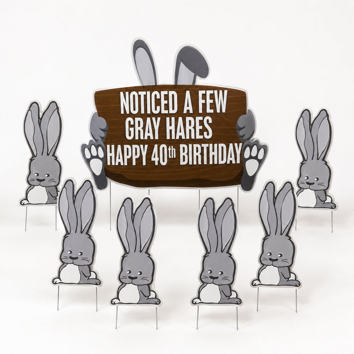Funny 40th Birthday Gray Hares Yard Sign Set with Stakes | 9 Piece Outdoor Lawn Decor