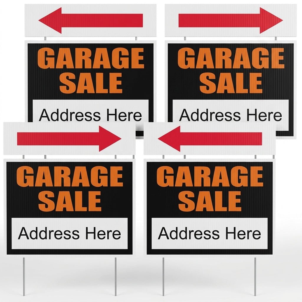 Garage Sale Sign Kit 4 - Pack – 18x24 Inch Yard Signs with Directional Arrow Riders & Stakes, 2 - Sided Weatherproof Corrugated Plastic