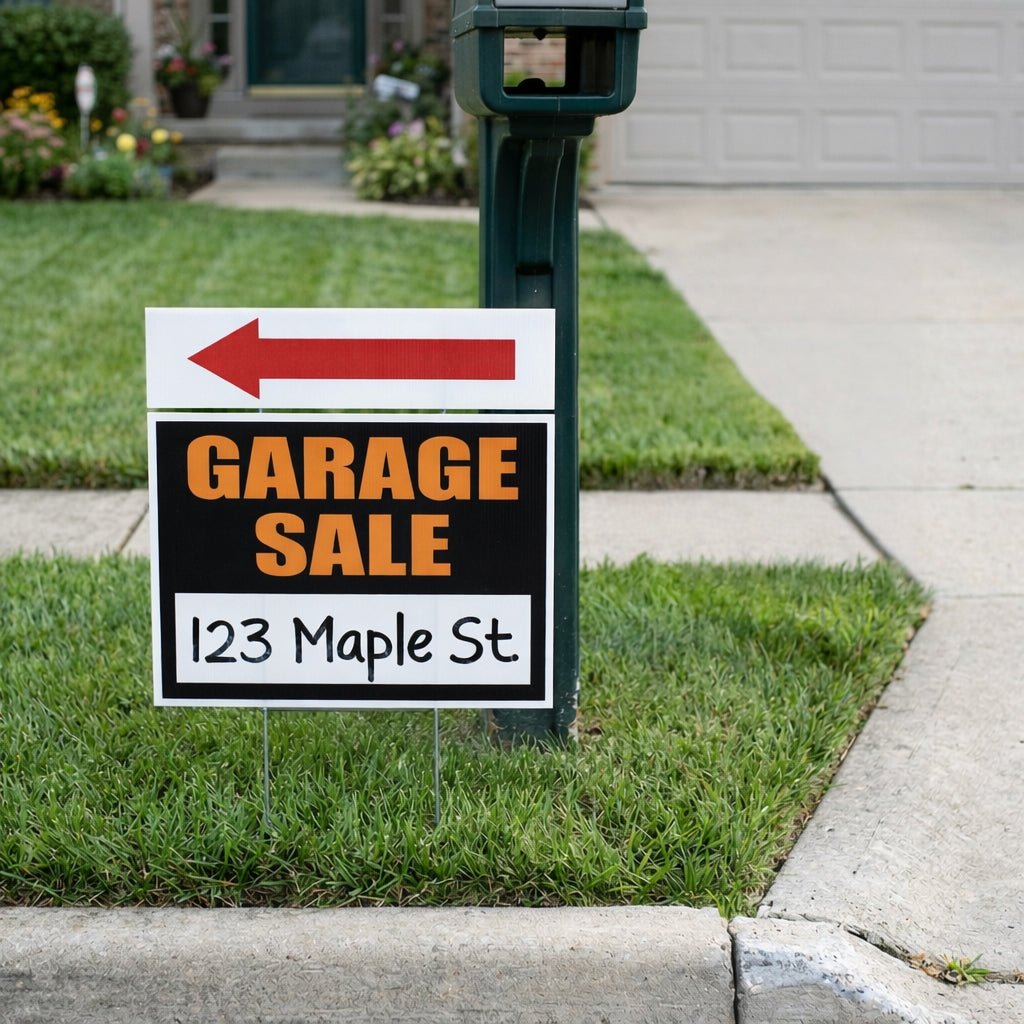 Garage Sale Sign Kit 4 - Pack – 18x24 Inch Yard Signs with Directional Arrow Riders & Stakes, 2 - Sided Weatherproof Corrugated Plastic