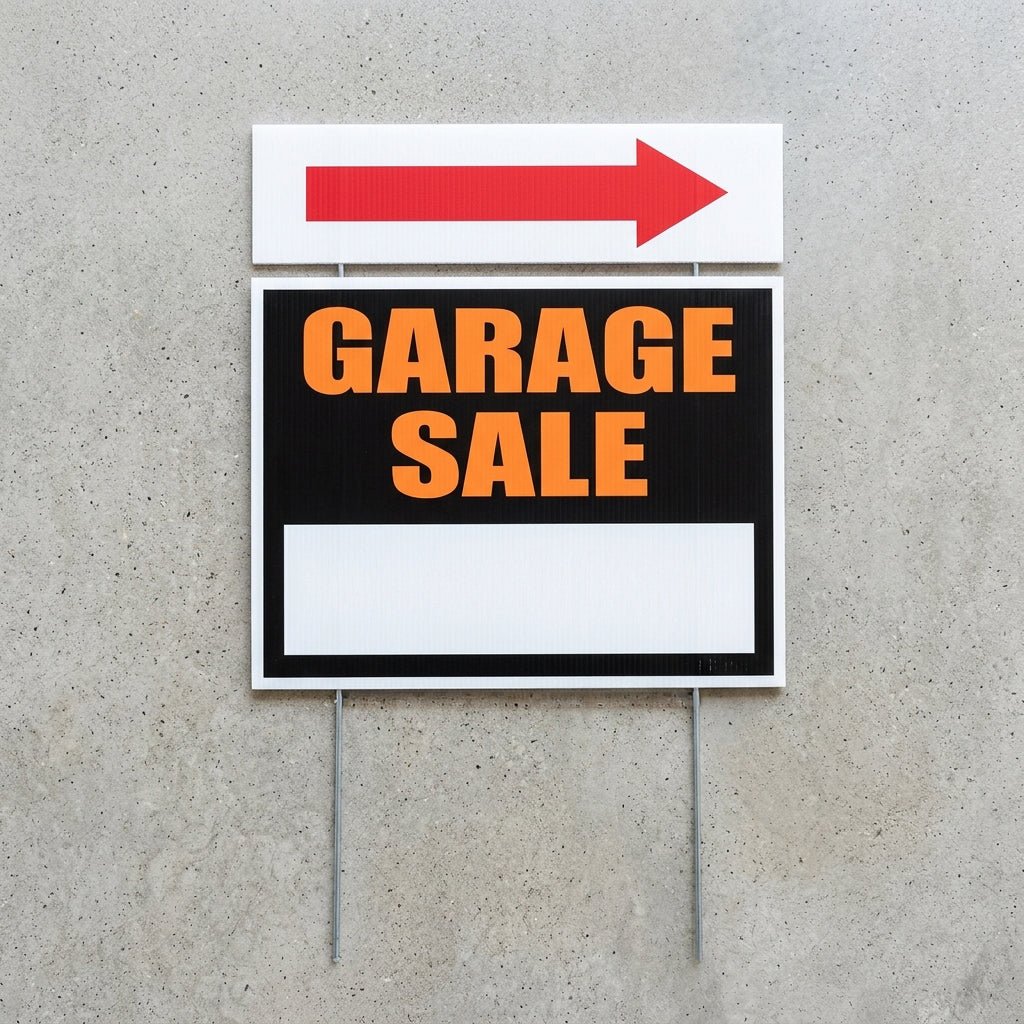 Garage Sale Sign Kit 4 - Pack – 18x24 Inch Yard Signs with Directional Arrow Riders & Stakes, 2 - Sided Weatherproof Corrugated Plastic