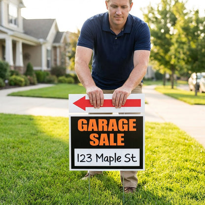 Garage Sale Sign Kit 4 - Pack – 18x24 Inch Yard Signs with Directional Arrow Riders & Stakes, 2 - Sided Weatherproof Corrugated Plastic