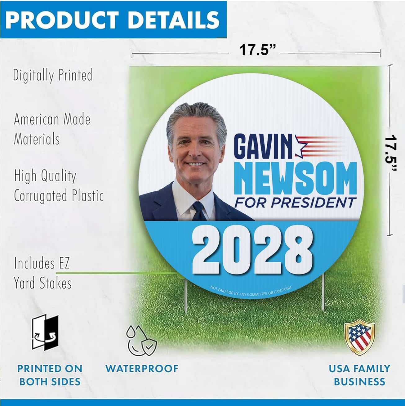 Gavin Newsom 2028 Yard Signs | 10 - Pack| Two - Sided | Gavin Newsom for President Signs 20 EZ Stakes Included