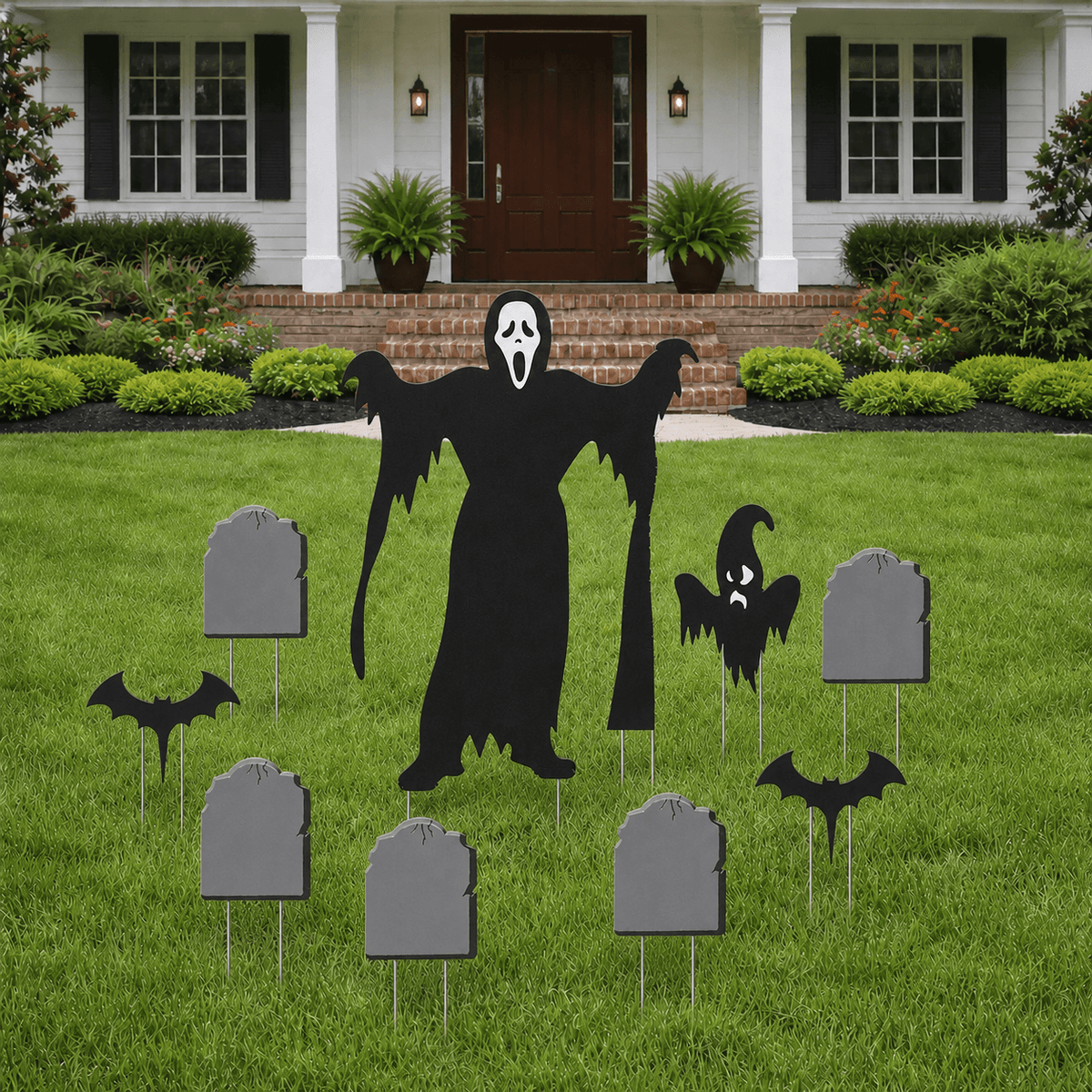Ghostface & Tombstones Halloween Yard Decoration – 12-Piece Outdoor Graveyard Display with Easel & Stakes