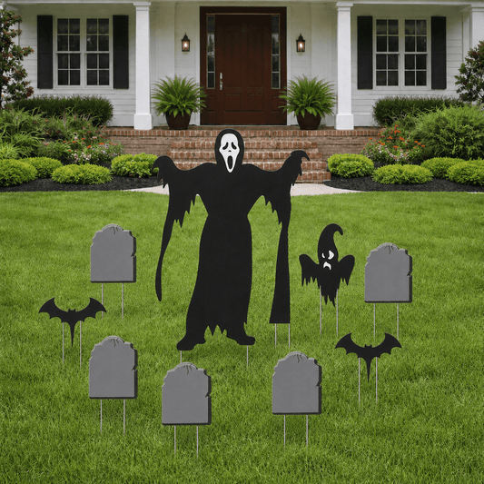 Ghostface & Tombstones Halloween Yard Decoration – 12-Piece Outdoor Graveyard Display with Easel & Stakes