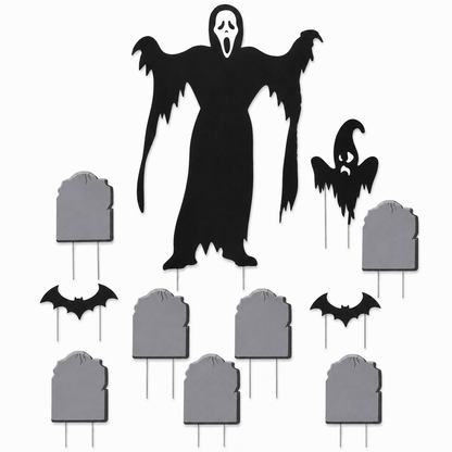 Ghostface & Tombstones Halloween Yard Decoration – 12-Piece Outdoor Graveyard Display with Easel & Stakes
