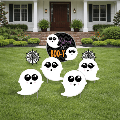 Ghoul or Boo-y Gender Reveal Yard Decorations – 7-Piece Halloween Baby Gender Reveal Yard Sign Set with Stakes