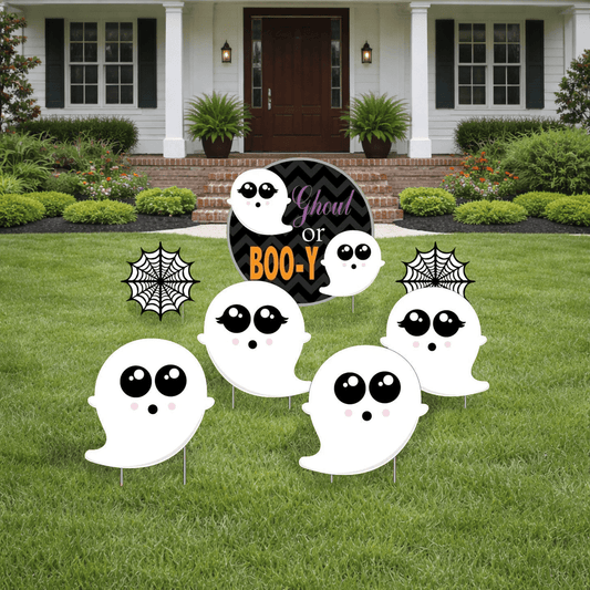 Ghoul or Boo-y Gender Reveal Yard Decorations – 7-Piece Halloween Baby Gender Reveal Yard Sign Set with Stakes