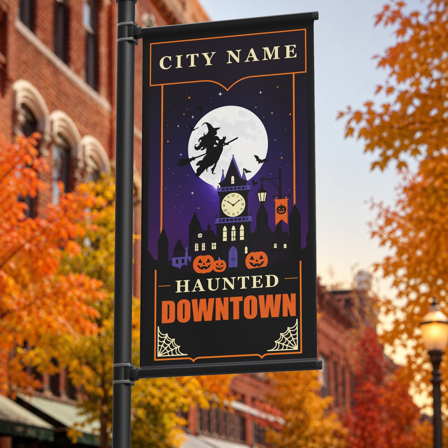 24"x48" Halloween Pole Banner, Haunted Downtown