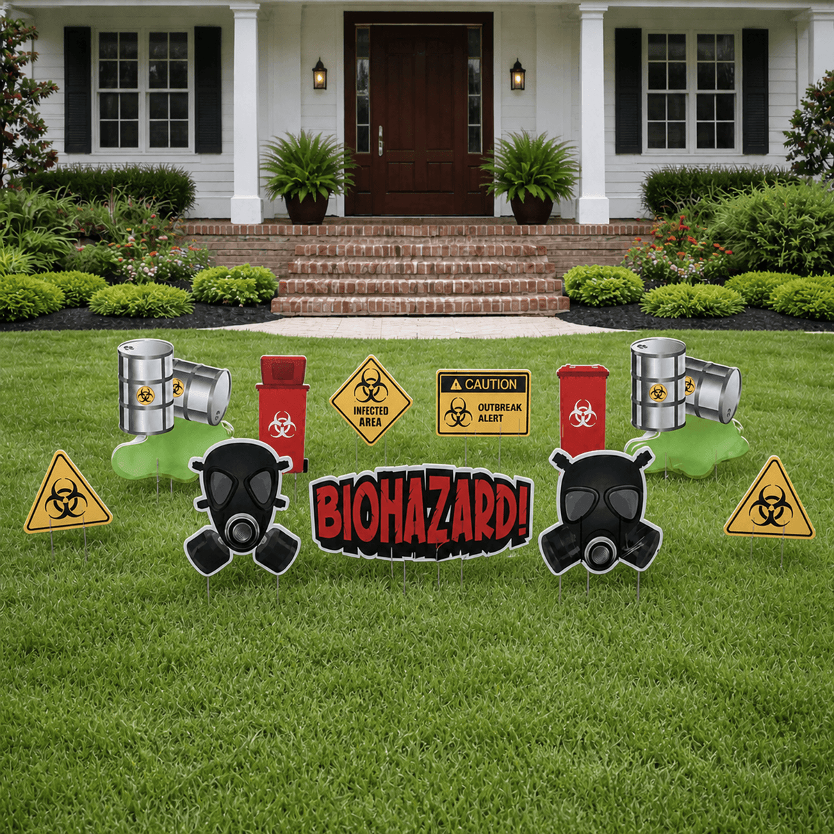 Halloween Biohazard Yard Sign Set – 11-Piece Outdoor Hazard Lawn Decorations with Stakes