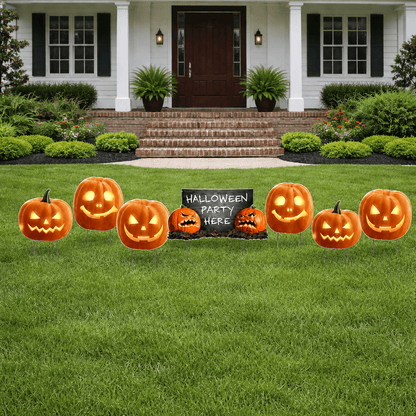 Halloween Party Here Scary Pumpkin Yard Signs – 7-Piece Outdoor Halloween Lawn Decoration Set with Stakes