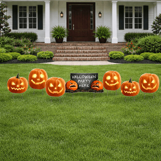 Halloween Party Here Scary Pumpkin Yard Signs – 7-Piece Outdoor Halloween Lawn Decoration Set with Stakes