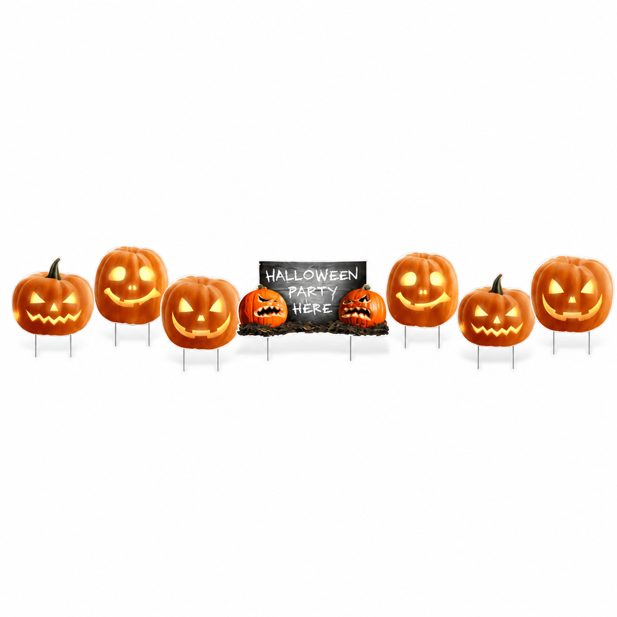 Halloween Party Here Scary Pumpkin Yard Signs – 7-Piece Outdoor Halloween Lawn Decoration Set with Stakes
