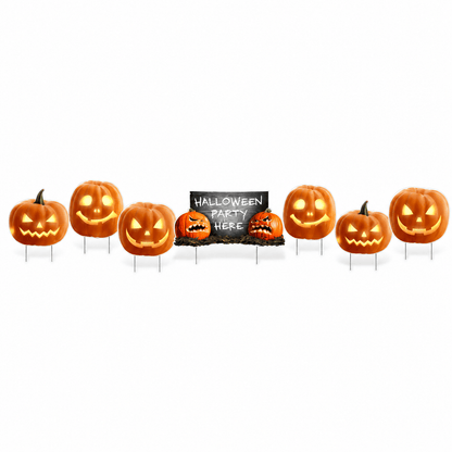 Halloween Party Here Scary Pumpkin Yard Signs – 7-Piece Outdoor Halloween Lawn Decoration Set with Stakes