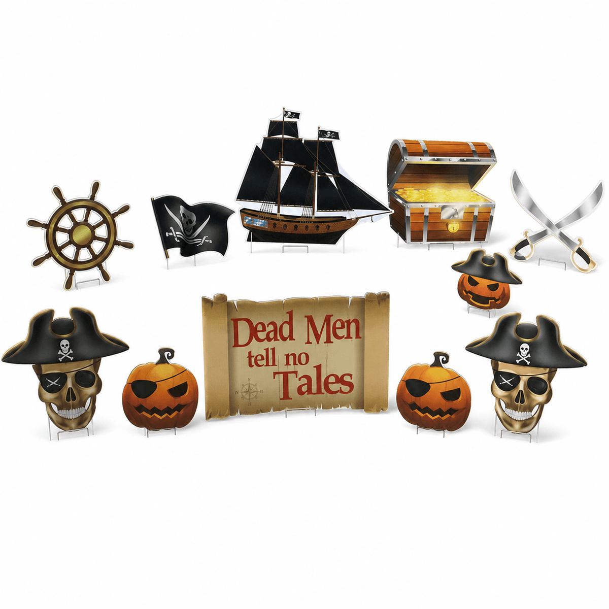 Halloween Pirate Yard Decorations – 11-Piece Pirate Ship, Treasure Chest & Skull Lawn Sign Set with Stakes