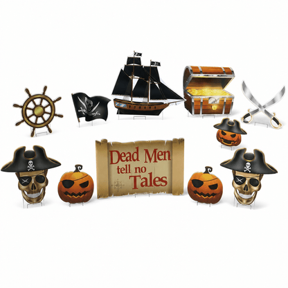 Halloween Pirate Yard Decorations – 11-Piece Pirate Ship, Treasure Chest & Skull Lawn Sign Set with Stakes