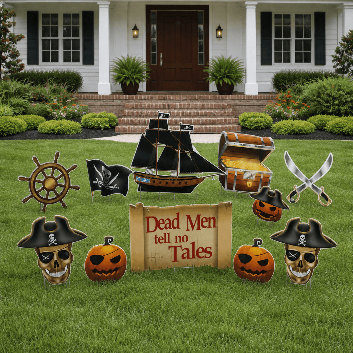 Halloween Pirate Yard Decorations – 11-Piece Pirate Ship, Treasure Chest & Skull Lawn Sign Set with Stakes