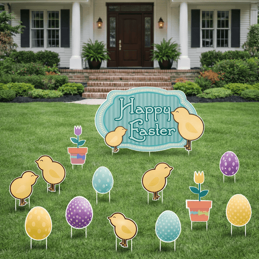 Happy Easter Chicks with Easter Eggs and Flowers Yard Decoration, 20pcs