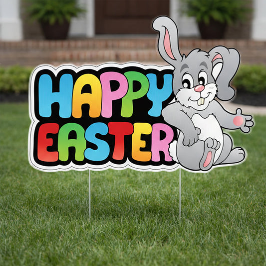 Happy Easter with Gray Easter Bunny Yard Sign