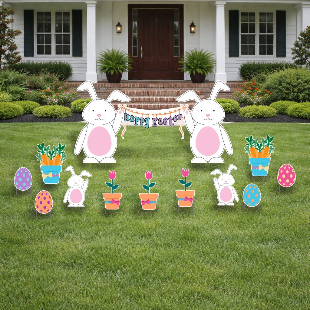 Happy Easter Yard Decorations with Bunnies – Jumbo 12 Pc Outdoor Lawn Sign Set with Eggs & Flowers, Large Easter Bunny Yard Displa