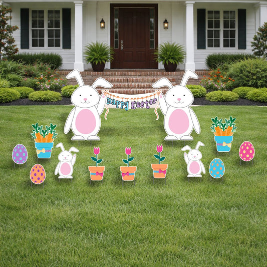 Happy Easter Yard Decorations with Bunnies – Jumbo 12 Pc Outdoor Lawn Sign Set with Eggs & Flowers, Large Easter Bunny Yard Displa