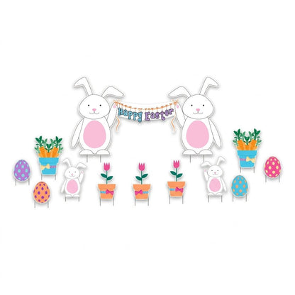 Happy Easter Yard Decorations with Bunnies – Jumbo 12 Pc Outdoor Lawn Sign Set with Eggs & Flowers, Large Easter Bunny Yard Displa