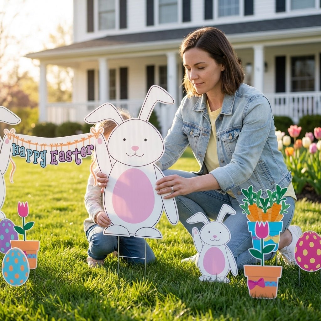 Happy Easter Yard Decorations with Bunnies – Jumbo 12 Pc Outdoor Lawn Sign Set with Eggs & Flowers, Large Easter Bunny Yard Displa