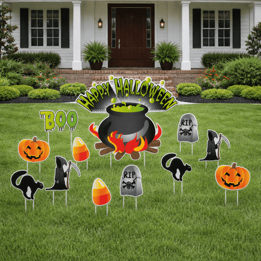 Happy Halloween Cauldron Lawn Decoration Set – 13-Piece Outdoor Halloween Yard Signs with Stakes