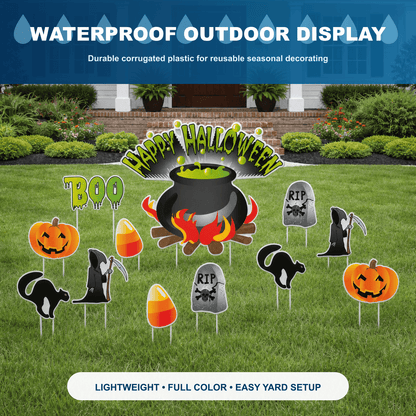 Happy Halloween Cauldron Lawn Decoration Set – 13-Piece Outdoor Halloween Yard Signs with Stakes