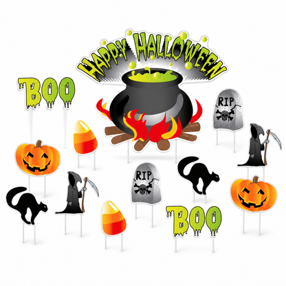 Happy Halloween Cauldron Lawn Decoration Set – 13-Piece Outdoor Halloween Yard Signs with Stakes