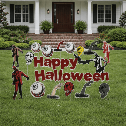 Happy Halloween Scary Zombies Yard Card Set – 18-Piece Outdoor Halloween Lawn Decorations with Stakes