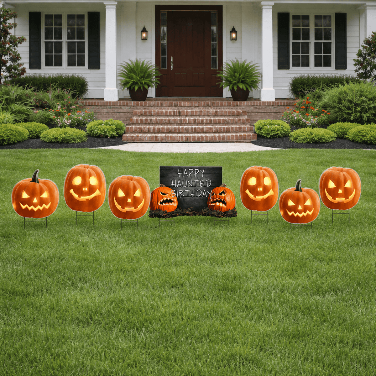 Happy Haunted Birthday Halloween Yard Signs – 7-Piece Scary Pumpkin Birthday Lawn Decoration Set with Stakes
