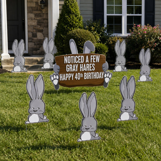 Funny 40th Birthday Gray Hares Yard Sign Set with Stakes | 9 Piece Outdoor Lawn Decor