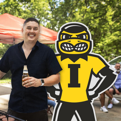 Iowa Hawkeyes Mancave Bundle – Wallpaper Panels, Door Banner, Doormat, Herky Standup, Acrylic Wall Art & 6 - Pack Can Coolers