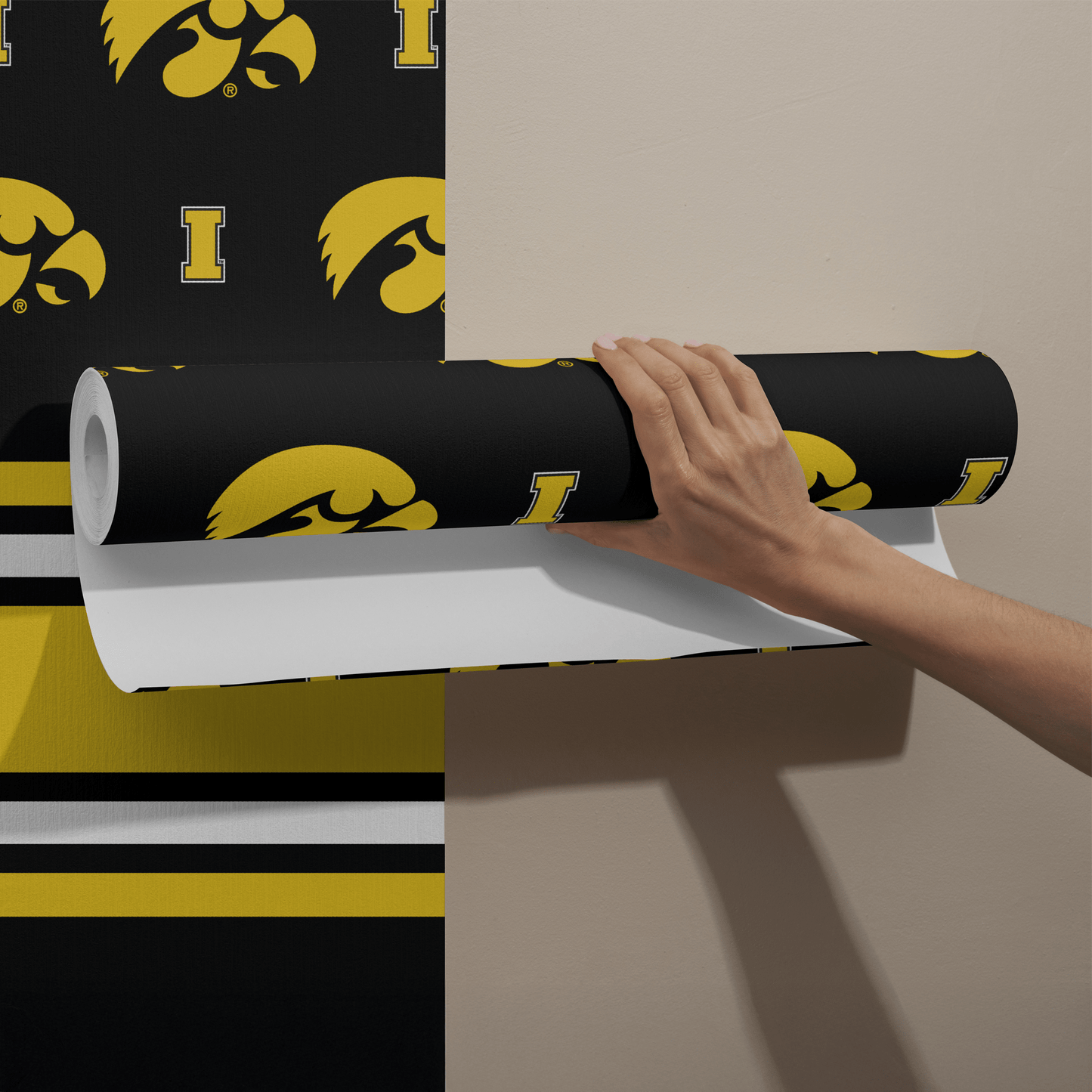 Iowa Hawkeyes Mancave Bundle – Wallpaper Panels, Door Banner, Doormat, Herky Standup, Acrylic Wall Art & 6 - Pack Can Coolers