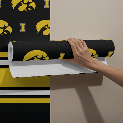 Iowa Hawkeyes Mancave Bundle – Wallpaper Panels, Door Banner, Doormat, Herky Standup, Acrylic Wall Art & 6 - Pack Can Coolers