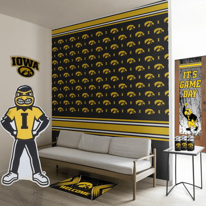 Iowa Hawkeyes Mancave Bundle – Wallpaper Panels, Door Banner, Doormat, Herky Standup, Acrylic Wall Art & 6 - Pack Can Coolers