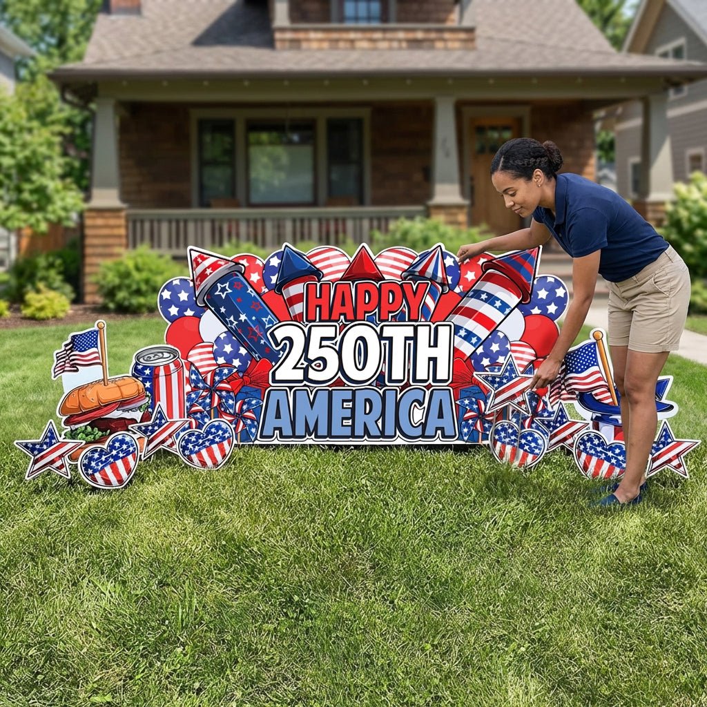 Jumbo Happy 250th America Yard Sign Display: 11pc Patriotic 4th of July Lawn Decor | Oversized EZ Yard Cards
