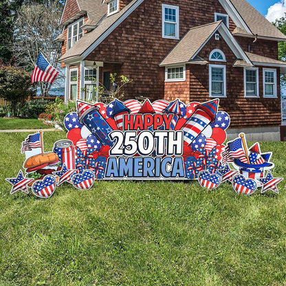 Jumbo Happy 250th America Yard Sign Display: 11pc Patriotic 4th of July Lawn Decor | Oversized EZ Yard Cards