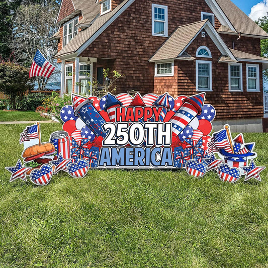 Jumbo Happy 250th America Yard Sign Display: 11pc Patriotic 4th of July Lawn Decor | Oversized EZ Yard Cards